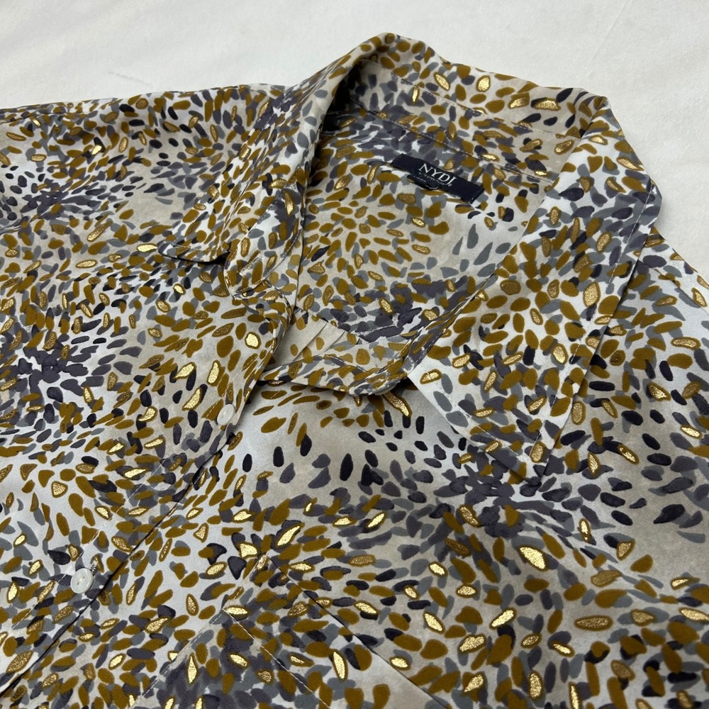 NYDJ Womens Gold Foil Abstract Print Button Down Blouse 3/4 Sleeve Olive Grey M